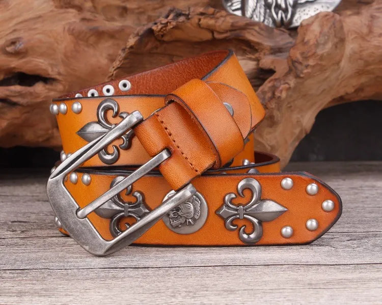 High Quality Metal Rivet Cowboy Belt Top Grain Genuine Leather Cowskin Men Belt Punk Rivet Jeans Belts For Men