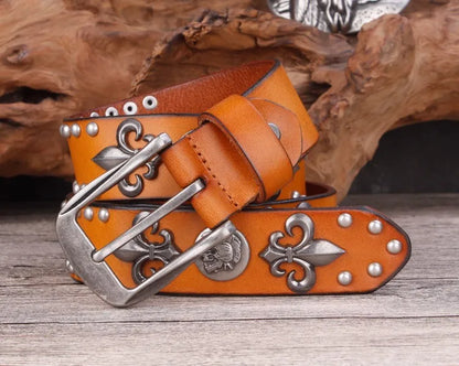 High Quality Metal Rivet Cowboy Belt Top Grain Genuine Leather Cowskin Men Belt Punk Rivet Jeans Belts For Men