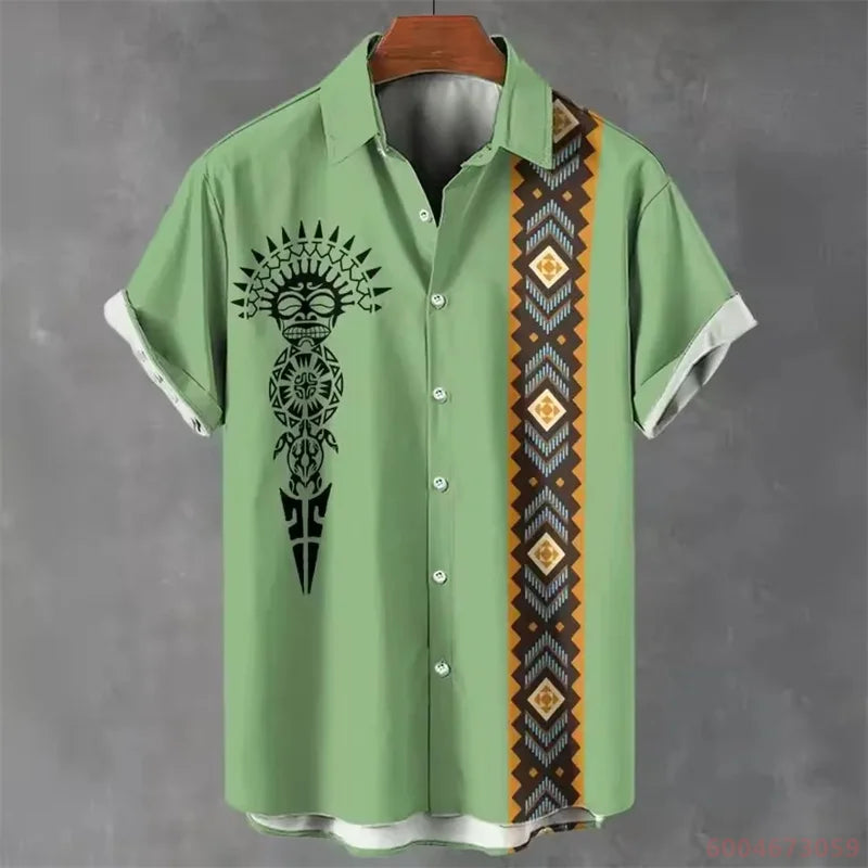 2026 Summer Men's Short-Sleeve Shirt, Coconut Tree Print, Color-Blocked Placket, Casual Vacation Beach Shirt, Hawaiian Shirt