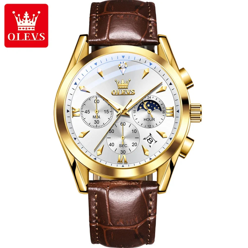 OLEVS 3609 Original Moon Phase Chronograph Watch for Men Leather Waterproof Luminous Luxury Quartz Mens Wristwatches Reloj Mujer