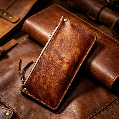 High Quality Genuine Leather Retro Men Wallet Handmade Handbag Phone Pocket Simple Card Bag Big Capacity Soft Male Purses