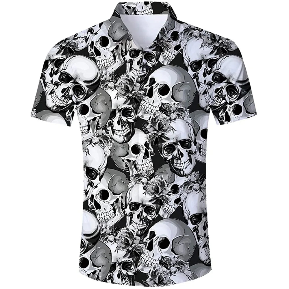 Summer New Retro Men's Shirt Devil Horror Skull Short Sleeve Shirt Collar 3D Printing