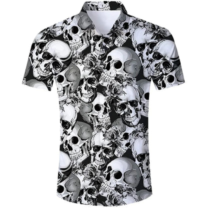 Summer New Retro Men's Shirt Devil Horror Skull Short Sleeve Shirt Collar 3D Printing