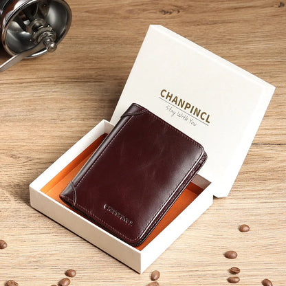 CHANPINCL Men's Italian Top-Grain Cow Leather Slim Tri-Fold Vertical Wallet – Multi-Card, RFID Blocking & Gift Box
