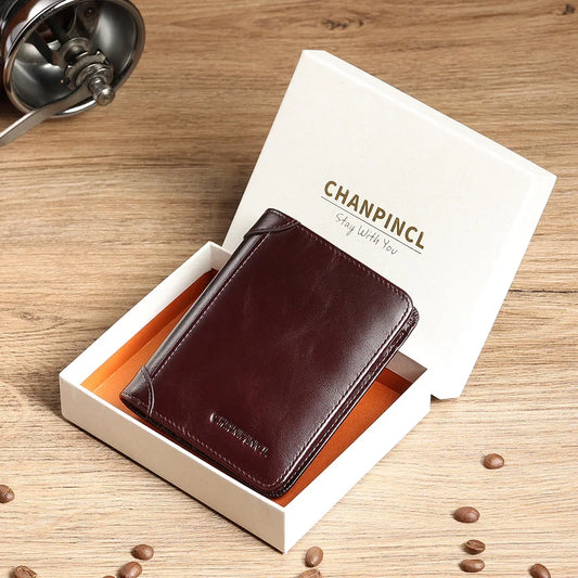 CHANPINCL Men's Italian Top-Grain Cow Leather Slim Tri-Fold Vertical Wallet – Multi-Card, RFID Blocking & Gift Box