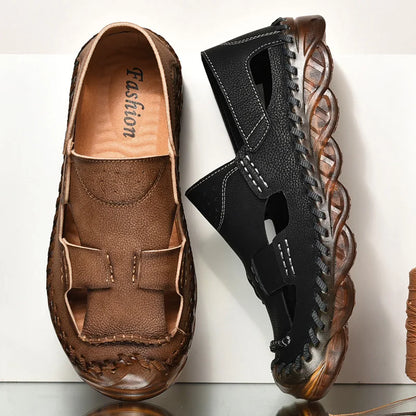 Hot Sale Summer Men's Flats Outdoor Non-slip Men Beach Shoes Handmade Leather Man Sandals Fashion Hollow Out Sneakers Slippers