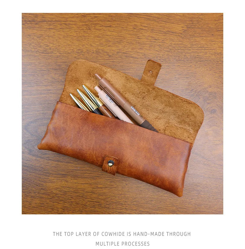 Genuine Leather Men Pencil Bag Handmade Wallet Large Capacity Retro Glasses Storage Bag Stationery Pencil Case Unisex Purses
