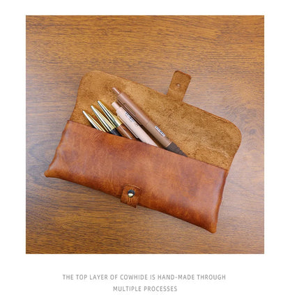 Genuine Leather Men Pencil Bag Handmade Wallet Large Capacity Retro Glasses Storage Bag Stationery Pencil Case Unisex Purses