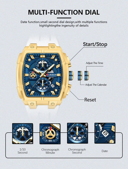 CURREN Luxury Vintage Watch for Men Sports Chronograph Quartz Wristwatches with Silicone Strap,Date,Luminous