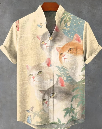 Men's striped Hawaiian shirt, casual short-sleeved top, loose and fashionable, vintage summer shirt