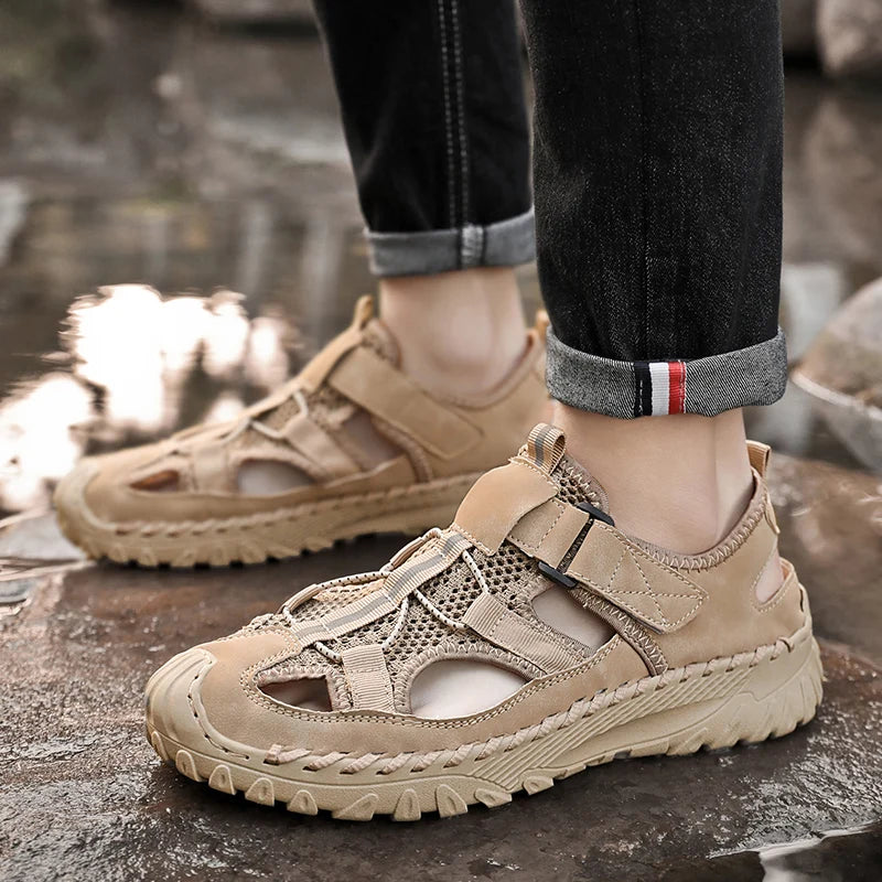 Men Outdoor Protective Toe Sandals Hollow Breathable Mesh Upper Quick Dry Lining Non Slip Walking Camping Driving Casual Shoes