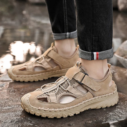 Men Outdoor Protective Toe Sandals Hollow Breathable Mesh Upper Quick Dry Lining Non Slip Walking Camping Driving Casual Shoes
