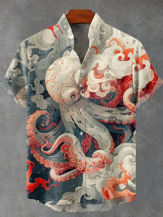 Men's Linen Short Sleeve Shirt 3D Octopus Print Floral Text Beach Party Sportswear High Quality Clothing