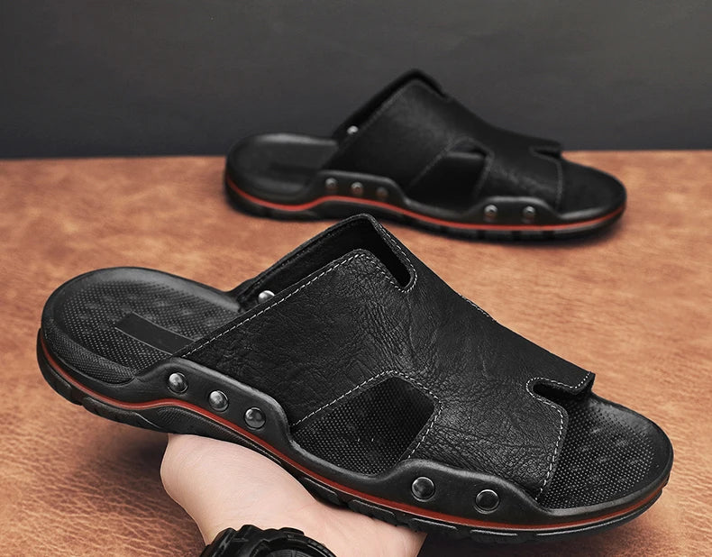 Summer Men Slippers Genuine Leather Breathable Clogs Sandals Beach Classics Leather Slides Outdoor Flip Flops Plus Size Men Shoe