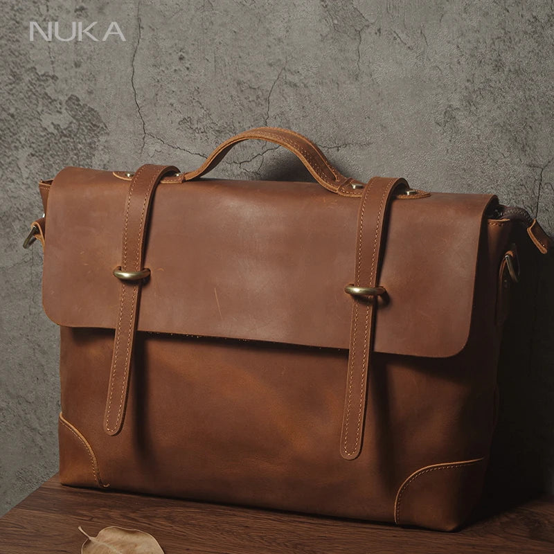 NUKA Men's Leather Handbag Vintage Business Briefcase Crazy Horse Cowhide Messenger Bag Deluxe Shoulder Bag For 15.6 Inch Laptop