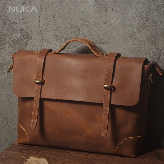 NUKA Men's Leather Handbag Vintage Business Briefcase Crazy Horse Cowhide Messenger Bag Deluxe Shoulder Bag For 15.6 Inch Laptop