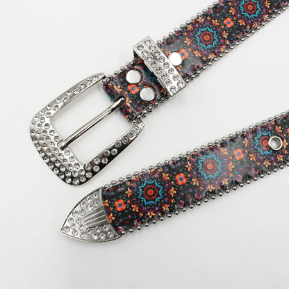 Rhinestone belt B&B style blue print pattern Women's Jeans Rhinestone Belt Men's Belt Western Denim Leather HipHop Rock