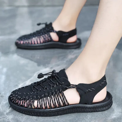 Summer Men Sandals Women Slippers Weaving Design Beach Sandals Breathable Casual Flat Sandals Outdoor Couples Sandals Size 48