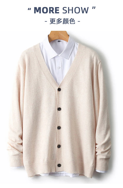 100% Pure Wool Sweater Autumn Winter New Men's Cardigan V-Neck Buckle Jacket Loose Casual Cashmere Knitted Sweater Long Sleeveds