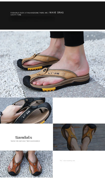 Genuine Cow Leather Shoes Men Sandals Flip Flops Men's Casual Shoes Classic Massage Men Beach Slippers Anti-slip Summer 2025 New