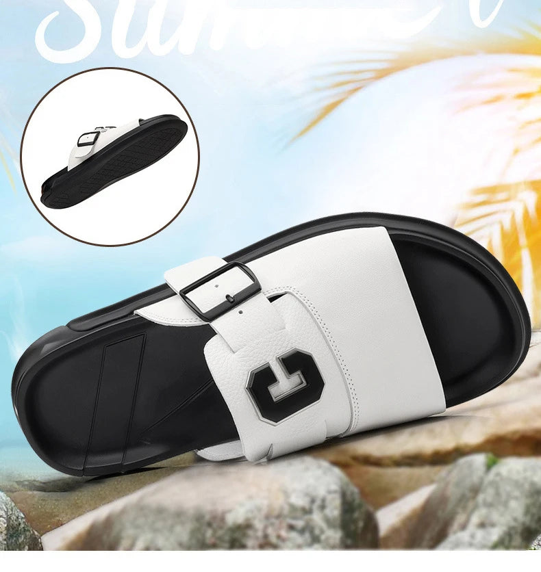 Men Outwear Genuine Leather Slippers for Men Fashion Buckle Designer Summer Flip-flops Male Casual Non-slip Beach Shoes Man