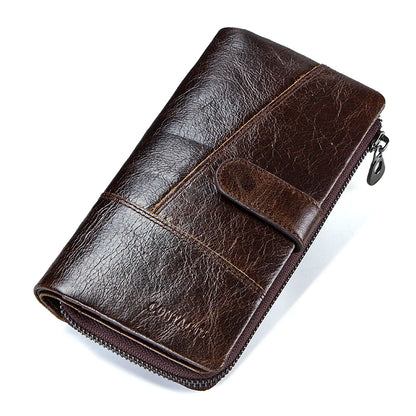 CONTACTS Genuine Leather Men Wallet Long Vintage Bifold Men's Wallet Zipper Coin Purses Large Capacity Money Clips Card Holder