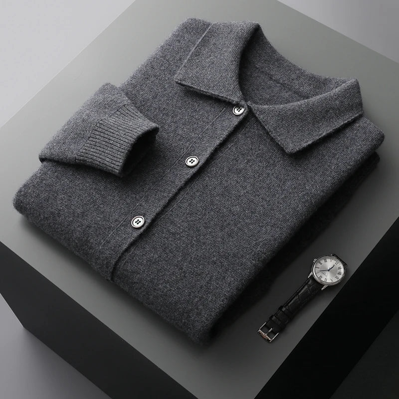 Autumn And Winter 100% Cashmere Cardigan Men's POLO Collar Coat Knitted Baseball Uniform Jacket Bottoming Wool Sweater