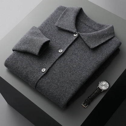 Autumn And Winter 100% Cashmere Cardigan Men's POLO Collar Coat Knitted Baseball Uniform Jacket Bottoming Wool Sweater