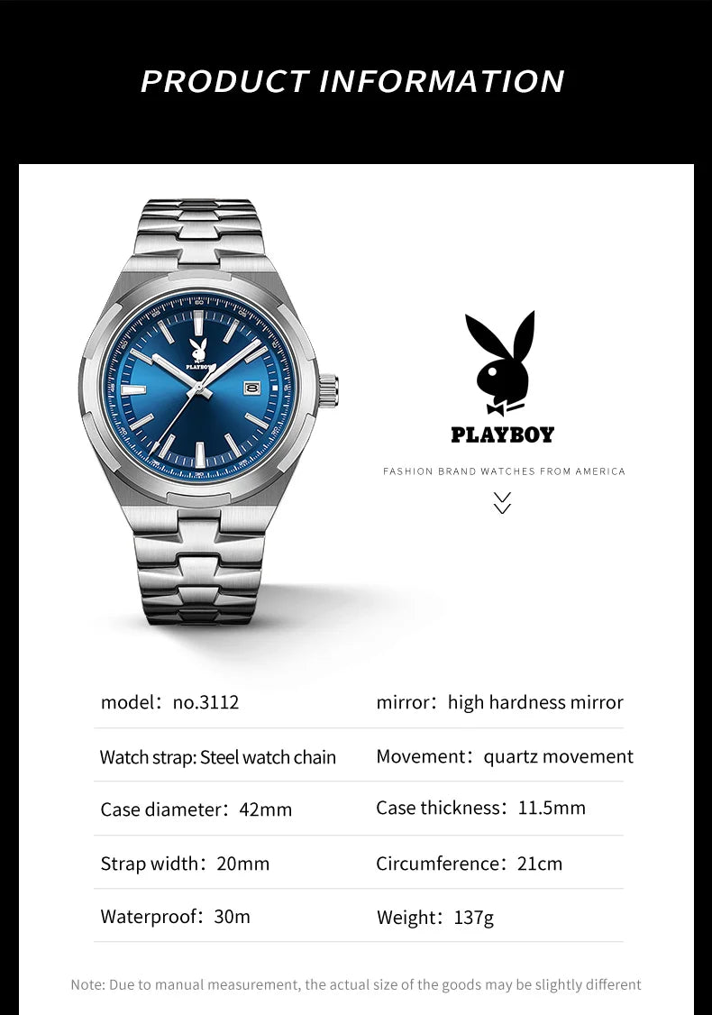 PLAYBOY 3112 Brand original authentic stainless steel strap luminous function calendar display men's quartz watch