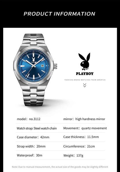 PLAYBOY 3112 Brand original authentic stainless steel strap luminous function calendar display men's quartz watch