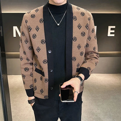 Brand Autumn Jacquard Knitted Cardigan Jackets Men Casual Business Sweater Coats Fashion Button Cardigans Men Clothing M-4XL