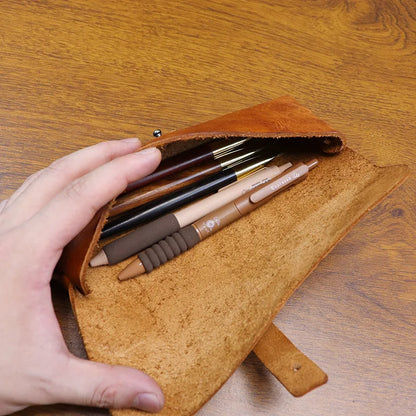Genuine Leather Men Pencil Bag Handmade Wallet Large Capacity Retro Glasses Storage Bag Stationery Pencil Case Unisex Purses