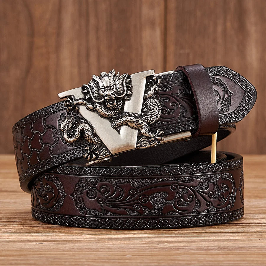 3.5cm Fashion Embossing Retro Male Belts for Men Business Split Leather Belt Dragon Pattern Automatic Buckle Strap