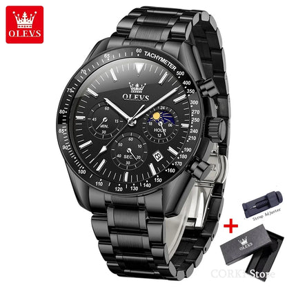 OLEVS 3618 Waterproof Luminous Date Moon Chronograph Wristwatches Mens Luxury Stainless Steel Quartz Watch for Men Reloj Hombre