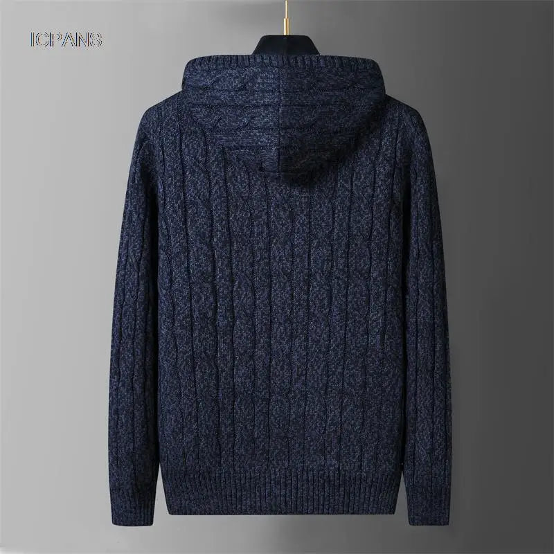 Men's Hooded Knit Winter Sweater Warm Fleece Liner Cardigan Black Khaki Knitwear Jacket Coat Clothing