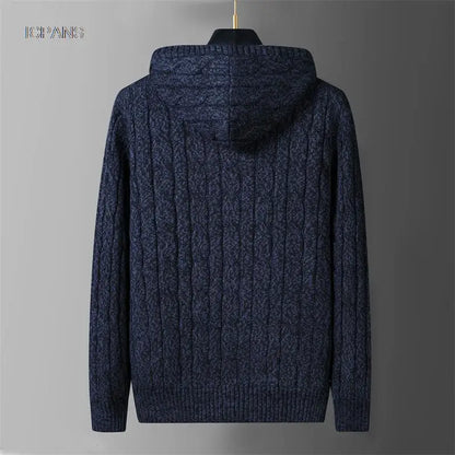 Men's Hooded Knit Winter Sweater Warm Fleece Liner Cardigan Black Khaki Knitwear Jacket Coat Clothing