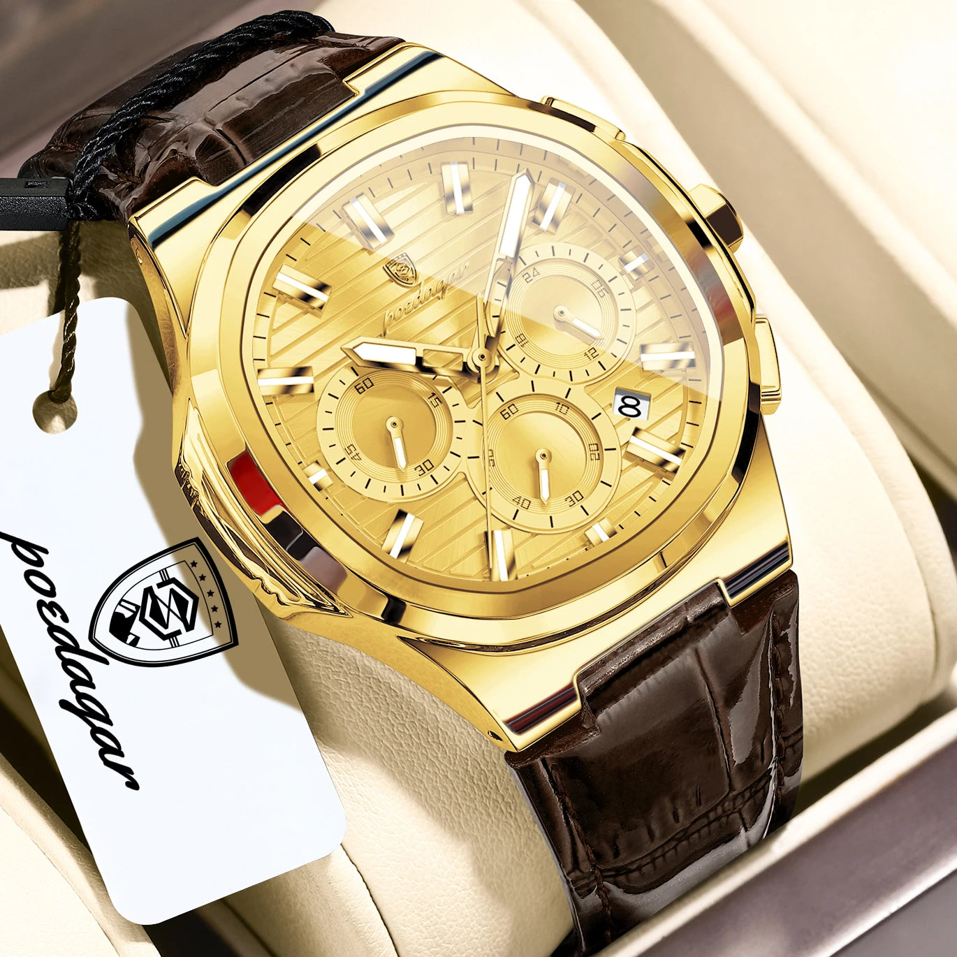 POEDAGAR Top Business Man Wristwatch Date Chronograph Waterproof Luminous Luxury Men Watch Leather Quartz Men's Watches Male+Box