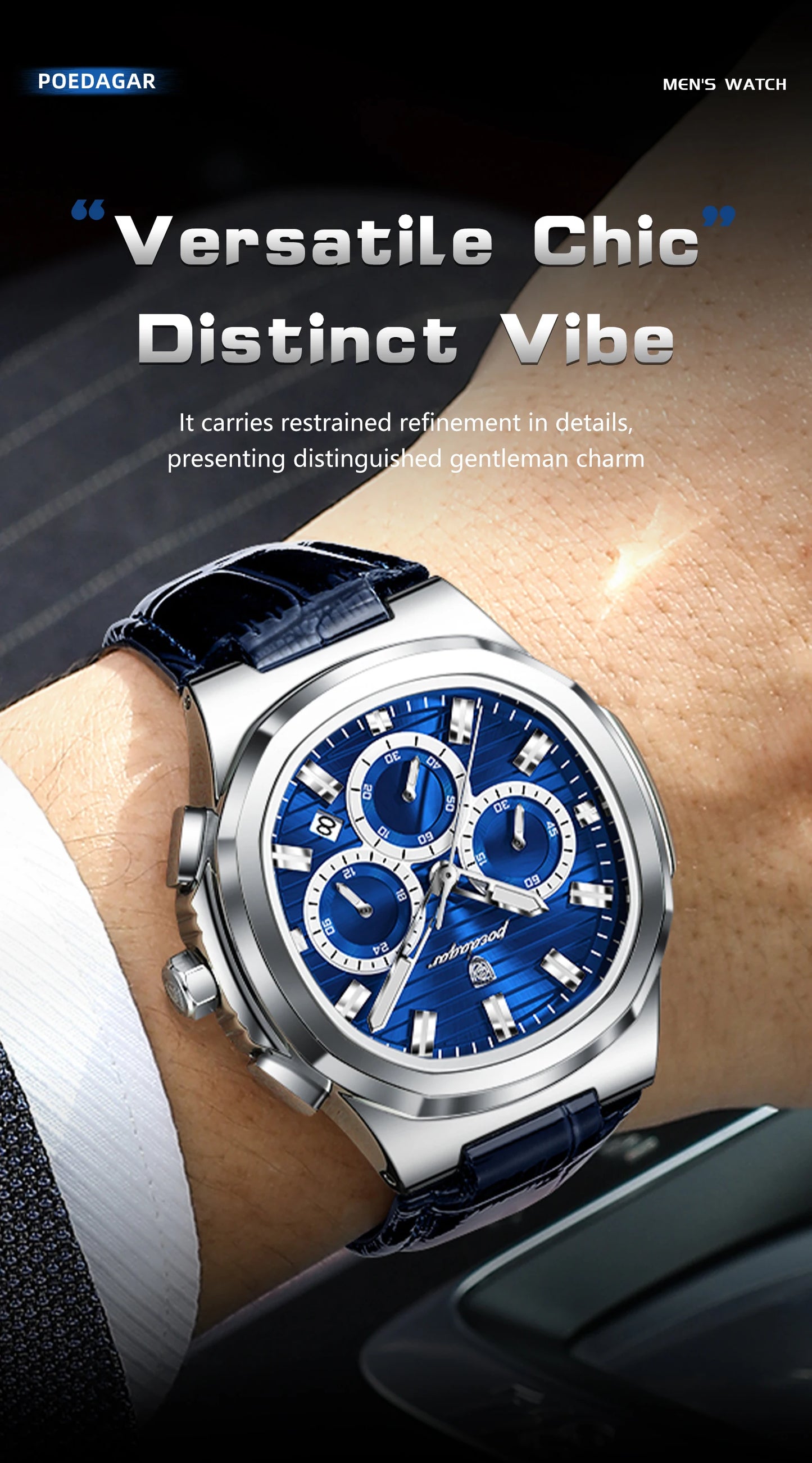 POEDAGAR Top Business Man Wristwatch Date Chronograph Waterproof Luminous Luxury Men Watch Leather Quartz Men's Watches Male+Box