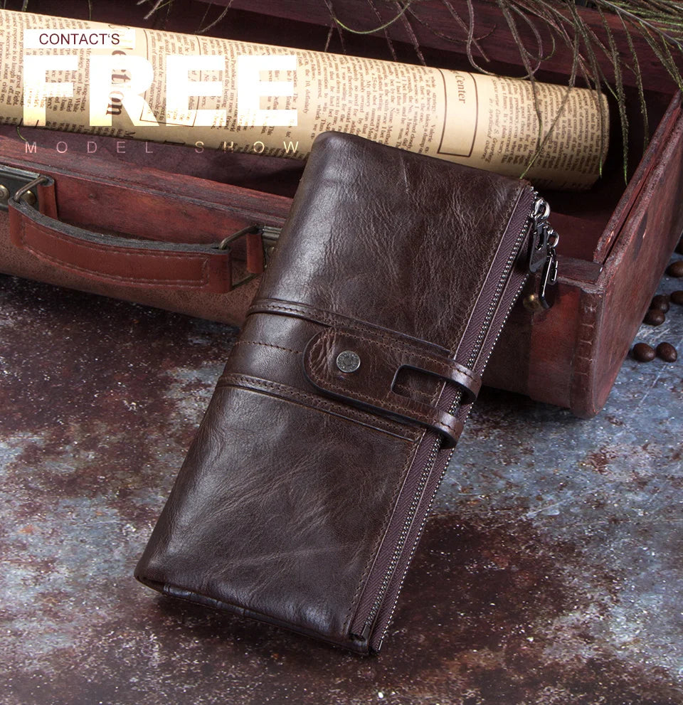 CONTACT'S Men Clutch Wallet Genuine Leather Long Wallet Hasp Card Holder Vintage Male Zipper Coin Purse Money Clip Women Purse