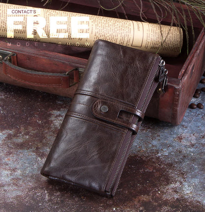 CONTACT'S Men Clutch Wallet Genuine Leather Long Wallet Hasp Card Holder Vintage Male Zipper Coin Purse Money Clip Women Purse