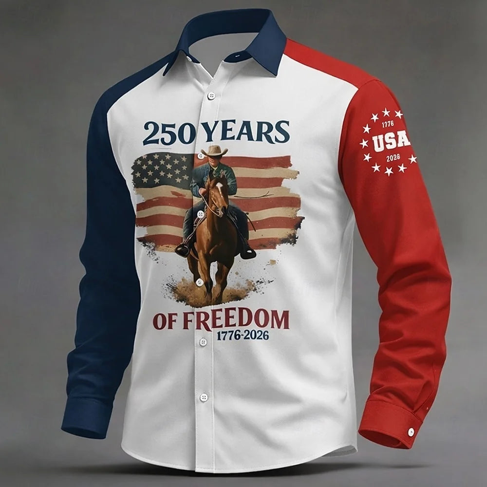 Men's Shirt Us Flag Freedom 250th Anniversary Trendy Retro 3D Print Top Autumn Long Sleeved Button up Spring Fall Holiday Shirts