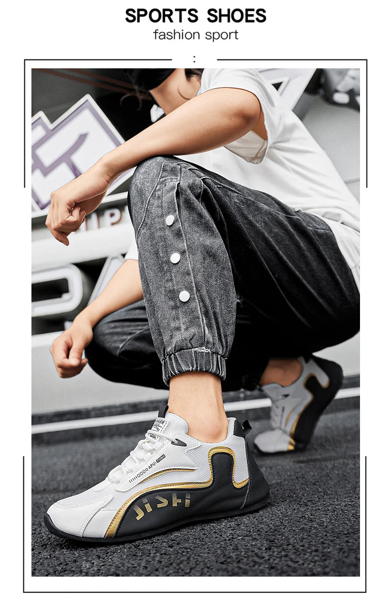 Trendy Black and Gold Color-Blocking Mesh Casual Shoes, Men's Breathable Shock-Absorbing Thick-Soled Sneakers, Versatile Soft-Soled Non-Slip Men's Shoes for Daily Commuting