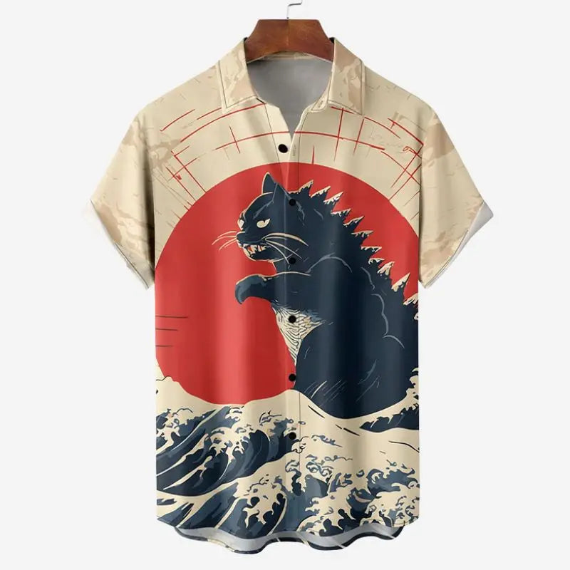 Men's Retro Short Sleeve Beach Shirt Summer Casual Ukiyoe Kitten Fishing Shark Print Hawaiian Shirts Men's Lapel Aloha Shirt