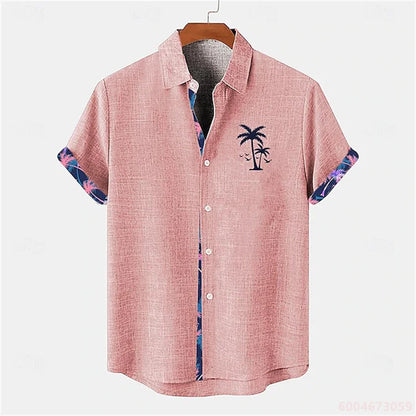 2026 Summer Men's Short-Sleeve Shirt, Coconut Tree Print, Color-Blocked Placket, Casual Vacation Beach Shirt, Hawaiian Shirt