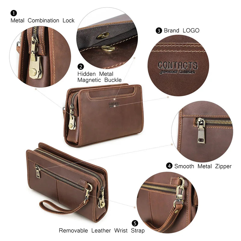 CONTACT'S Genuine Leather Handbag Men Vintage Small Cluth Bag 6 Card Holder iPad Mini Metal Lock Travel Business Pouch Bag