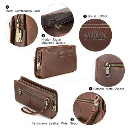 CONTACT'S Genuine Leather Handbag Men Vintage Small Cluth Bag 6 Card Holder iPad Mini Metal Lock Travel Business Pouch Bag