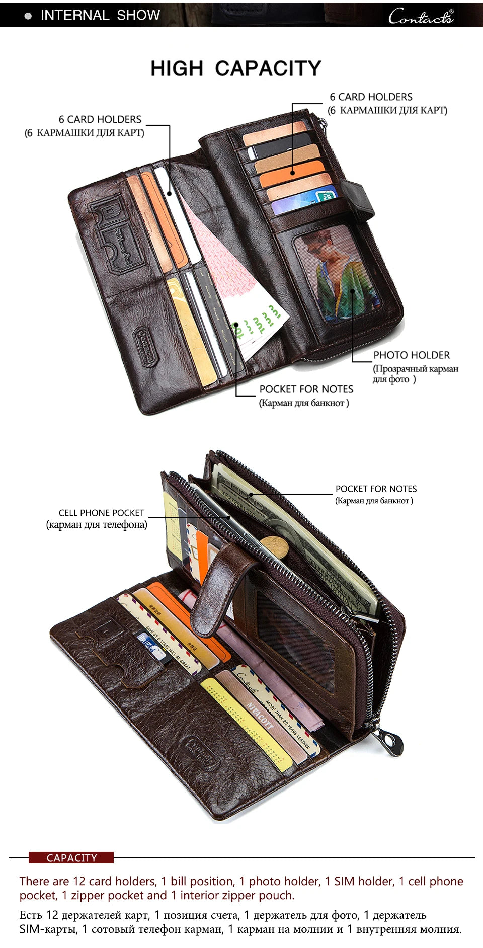 CONTACTS Genuine Leather Men Wallet Long Vintage Bifold Men's Wallet Zipper Coin Purses Large Capacity Money Clips Card Holder