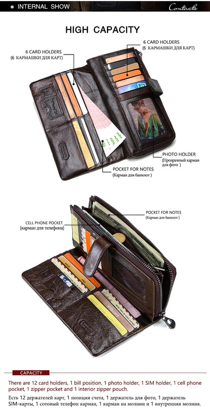 CONTACTS Genuine Leather Men Wallet Long Vintage Bifold Men's Wallet Zipper Coin Purses Large Capacity Money Clips Card Holder