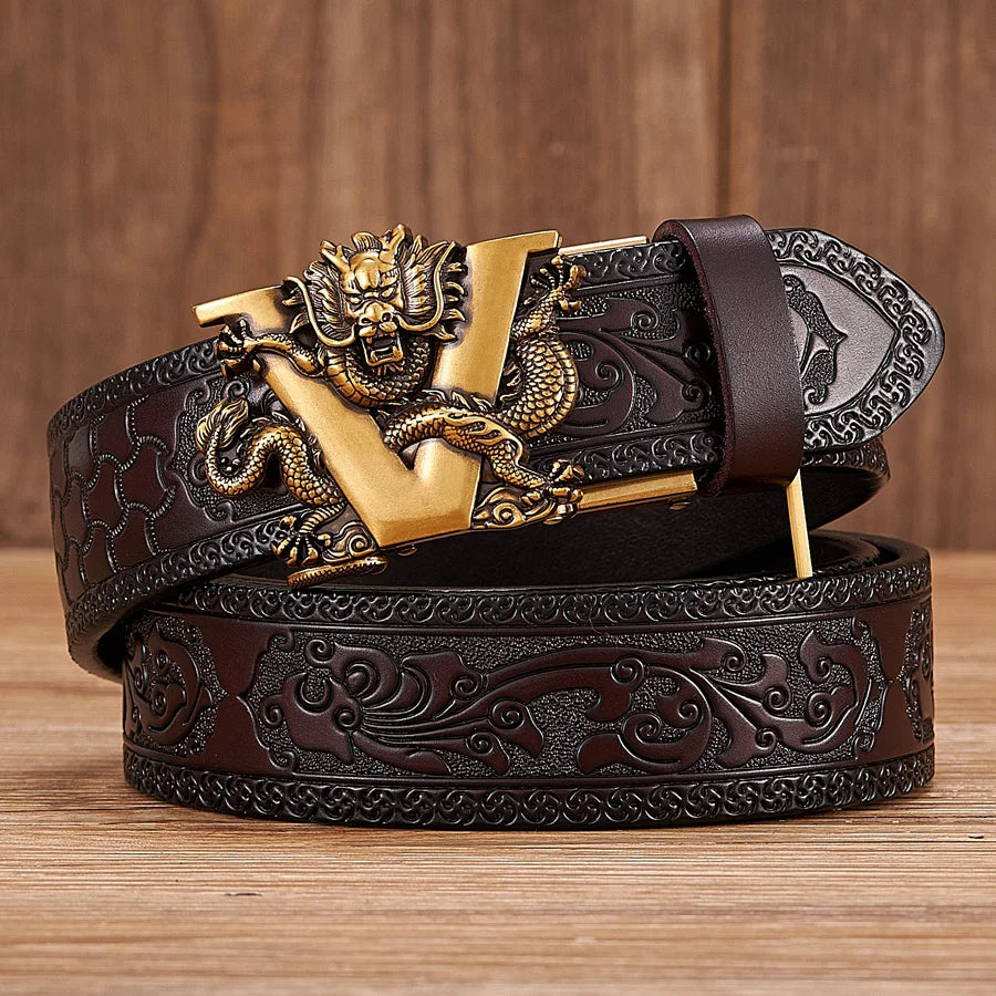 3.5cm Fashion Embossing Retro Male Belts for Men Business Split Leather Belt Dragon Pattern Automatic Buckle Strap