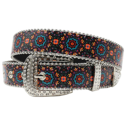 Rhinestone belt blue totem print New Women's Fashion Rhinestone Versatile Fashion PU Leather Belt Jeans Punk Rock Y2K Belt